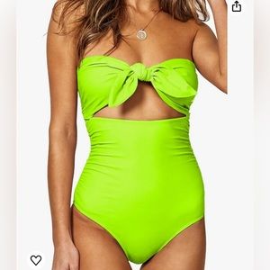 Womens Strapless Tie Knot Front High Waist One Piece Swimsuit (XL, Neon Green)